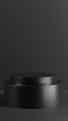 3D render of Cylinder podium with Black color on dark background.platform for product presentation minimal style. empty dark. Black pedestal for product showcase.