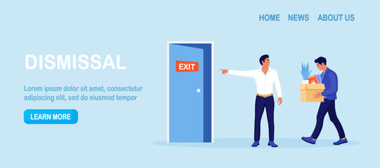 Bankrupt boss dismisses employee. Fired sad person leaves the office with stuff in box in his hands. Financial crisis and unemployment. Dismissal and jobless, layoff. Job loss due to crisis