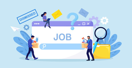 Fired employee looking for new job. Job search, find opportunity, seek for vacancy. Recruitment. Financial crisis and unemployment. Staff reduction. Unhappy man dismissed from job with stuff in box