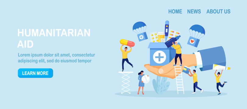 Humanitarian Aid. Voluntary Social Assistance and Support. Volunteers Collecting Food, Medicine for Refugees. People Donating Medications First Aid. Charity, Medicines Donation for Needy Poor People.