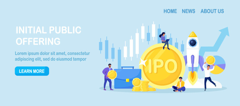 IPO Initial Public Offering. Businessman Investor Invest In Stock Market Shares. Company Growth. Passive Income. Investment. Traders Standing With Huge Candlestick Chart, Arrow Graph And Gold Coin