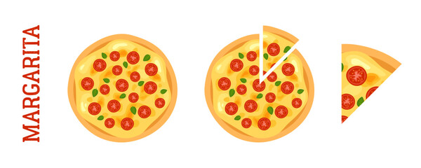 A set of illustrations of Margherita pizza. A top view of a whole, cut and a slice of pizza