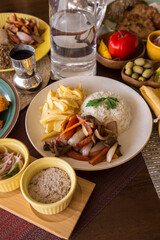 Lomo saltado with french fries Peruvian gourmet restaurant food