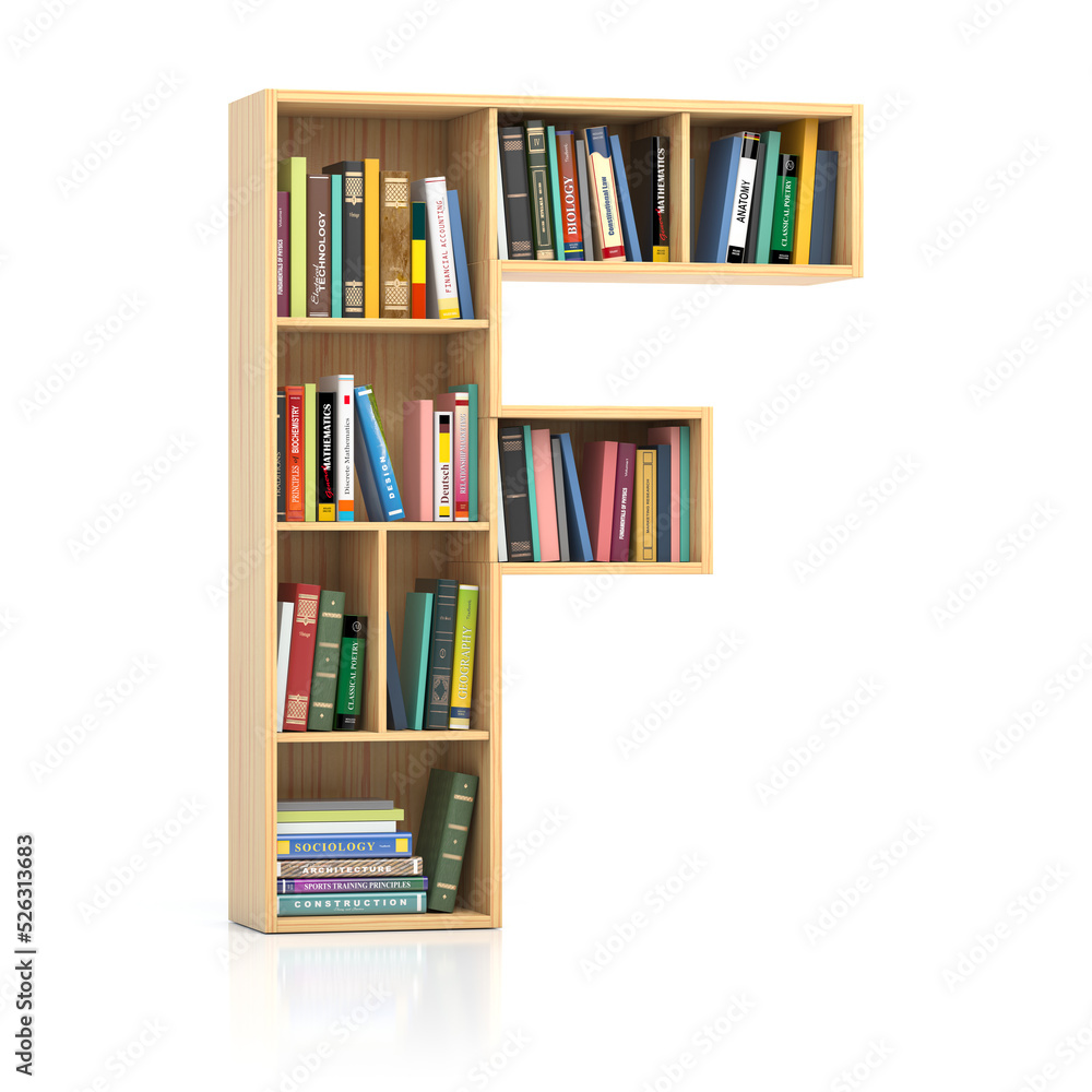 Poster Letter F in form of bookshelf with book and texbooks. Educational and learning conceptual font and alphabet.