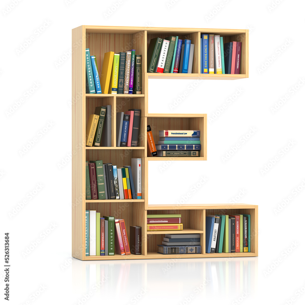 Poster Letter E in form of bookshelf with book and texbooks. Educational and learning conceptual font and alphabet.