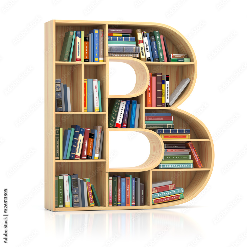 Poster Letter B in form of bookshelf with book and texbooks. Educational and learning conceptual font and alphabet.