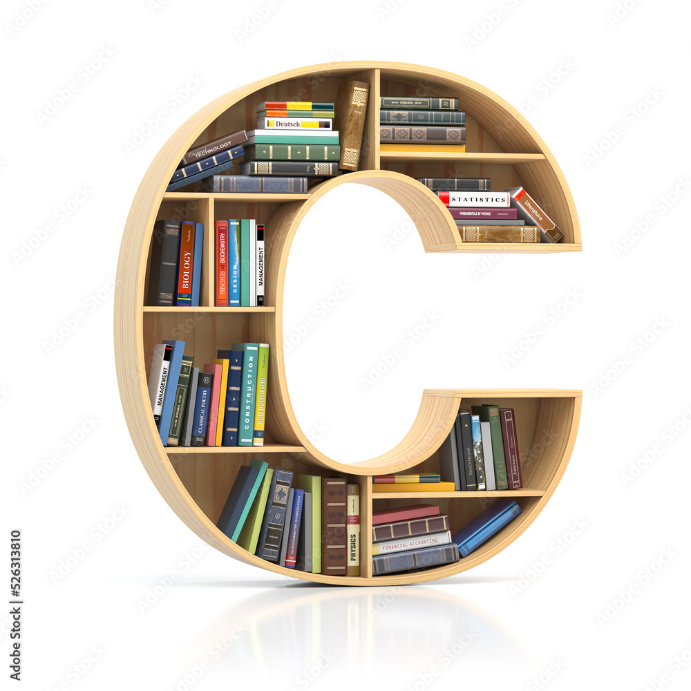 Wall mural Letter C in form of bookshelf with book and texbooks. Educational and learning conceptual font and alphabet.