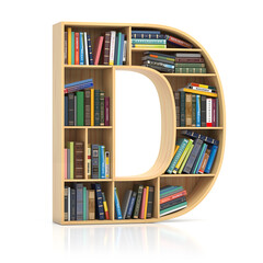 Letter D in form of bookshelf with book and texbooks. Educational and learning conceptual font and alphabet.