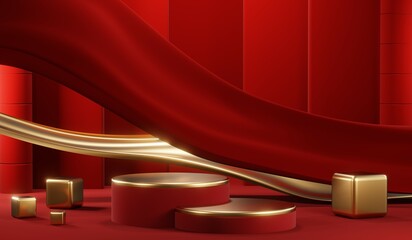 3D rendering of blank product background for cream cosmetics Modern red podium background