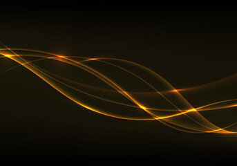Abstract golden lighting wave lines flow design elements on black background