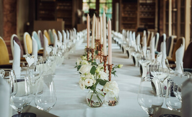 Large table with festive serving in an old restaurant