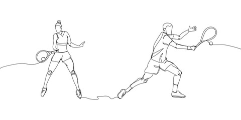 Fototapeta na wymiar Tennis players with racket, racquet one line art. Continuous line drawing hit the ball, competition, sport, woman, male, athlete, leisure, hobby, championship, tournament.