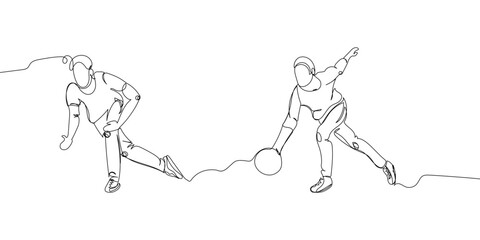 Bowling players set one line art. Continuous line drawing game, leisure, activity, strike, skittles, throwing a ball, entertainment, team sport.