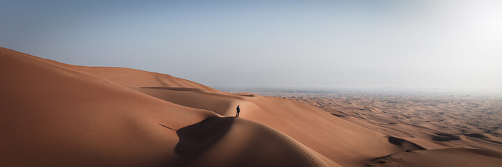 man on top of huge sand dunes