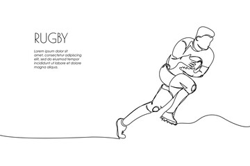 Web banner rugby player with ball, forward one line art. Continuous line drawing of promotion poster american football, game, sport, soccer ball, activity, training, running, competition, cleats.