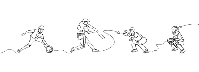 Baseball players in uniform set one line art. Continuous line drawing sport, team game, catch ball, baseball glove, protective, batter, pitcher, catcher, baseball uniform, man, leisure, hobby.