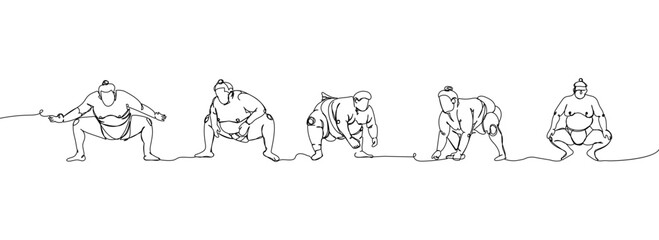 Japanese wrestlers, five sumo set one line art. Continuous line drawing japan, fight, obesity, big man, person, pre-fight greeting, athlete, training, ring, sport.