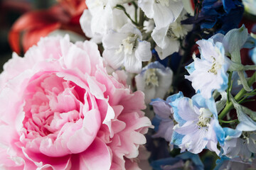 delicate bouquet of delphiniums and large pink peony
