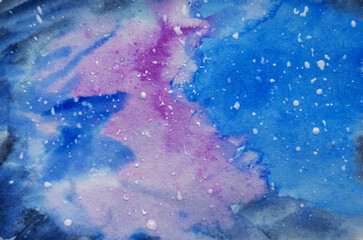 Abstract watercolor hand drawn cosmos, blue and violet celestial, sky background.