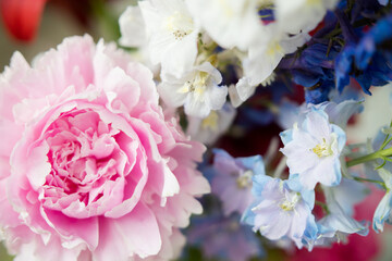 delicate bouquet of delphiniums and large pink peony
