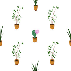 Bright seamless pattern with houseplants in flower pots in beige. Infinite texture white background for wallpaper decor.Hand drawn vector illustration object. Pattern, succulent, cactus, flower.