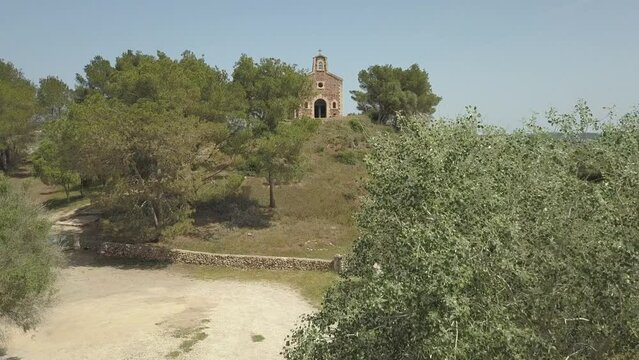 Drone shot of Ermita de Fatima church and surrounding countryside, Mahon, Menorca, Balearic Islands