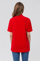 Back view side of standing female model wearing plan red polo shirt