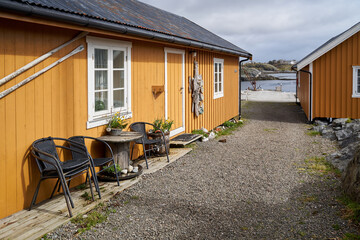 detail of a typical yellow fisherman's house in Tind village in Lofoten, Norway.