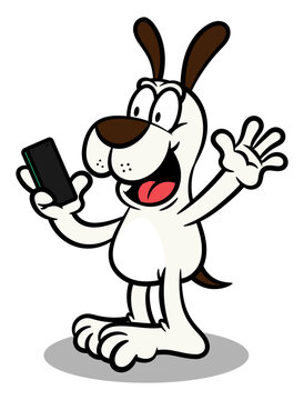 Cartoon illustration of Puppy making a video call and greeting, best for sticker, logo, and mascot with telecommunication technology themes