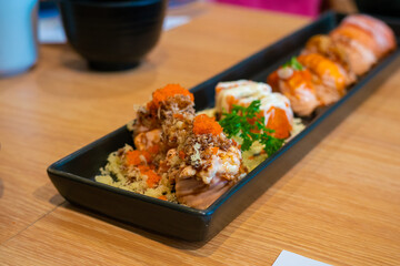 Sashimi set japanese food on wood table