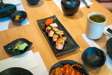 Sashimi set japanese food on wood table