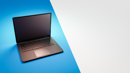 Black Laptop Computer on Duotone Background with Copy Space