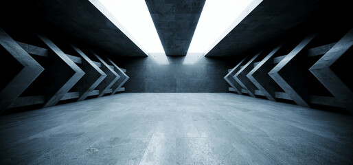 Sci Fi Futuristisch Modern Beton Zement Asphalt Realistisch Tunnel Korridor Flur Ausstellungsraum Parkplatz Studio Unterirdischer Hangar Garage 3D-Rendering © IM_VISUALS