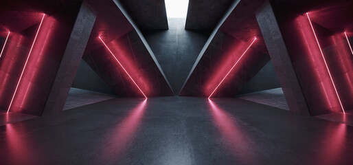 Neon Laser Electric Red White Lights Sci Fi Futuristic Cement Concrete Tunnel Corridor Spaceship Showroom Studio Garage Hallway Triangle 3D Rendering © IM_VISUALS