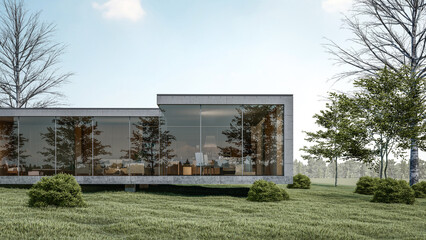 Fototapeta na wymiar 3d rendering illustration of modern minimal house design on slope terrain with natural view 