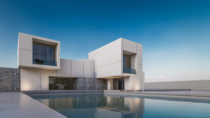 3d rendering illustration of modern minimal house with a flip house reflection in swimming pool