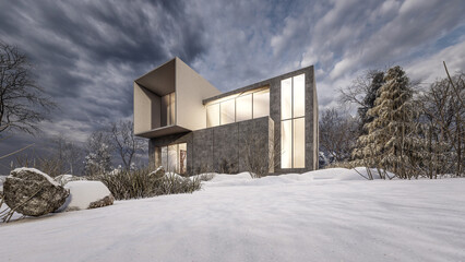 Fototapeta na wymiar 3D rendering illustration of modern minimal house with slope terrain and snow landscape