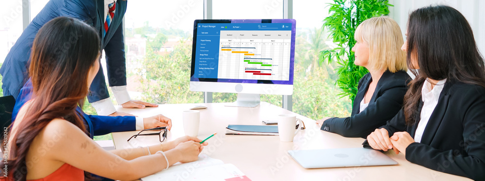 Poster project planning software for modish business project management on the computer screen showing time