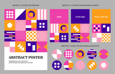 Fototapeta na wymiar Vector set for web and print: poster, Instagram story covers and highlights icons in abstract style. Bright and dynamic banners with elements of geometric shapes for use in business, marketing, etc.