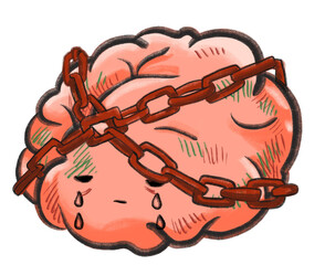 Chain lock on brain cartoon drawing mental depression problem illustration