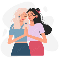 Women hug each other, expressing love, affection. The concept of friendship, strong relationships, help, support. Close up portrait of two girlfriends blonde and brunette Flat isolated vector design