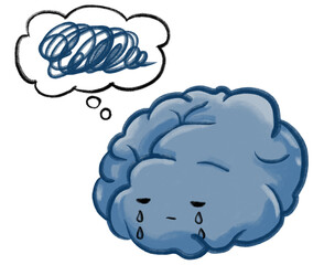 Depression unhappy sad grey blue brain cartoon illustration mental concept