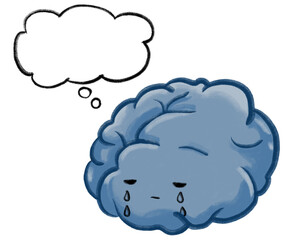 Depression unhappy sad grey blue brain cartoon illustration mental concept