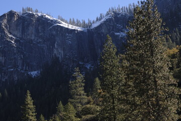 Snow topped mountains in Yosemite with pinetrees in foreground