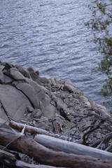 Cliffside rocks with driftwood