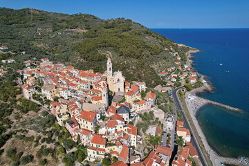 Aerial view of the village of Cervo on the Italian Riviera in the province of Imperia, Liguria, Italy.