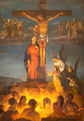 BIELLA, ITALY - JULY 15, 2022: The painting of Crucifixion and soul in the purgatory in the church...