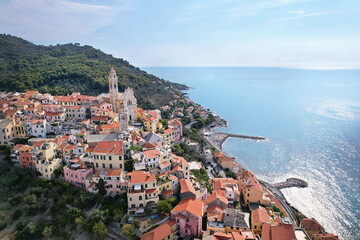Aerial view of the village of Cervo on the Italian Riviera in the province of Imperia, Liguria,...
