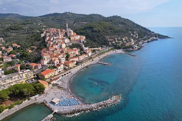 Poster Im Rahmen Aerial view of the village of Cervo on the Italian Riviera in the province of Imperia, Liguria, Italy. © Mike Dot