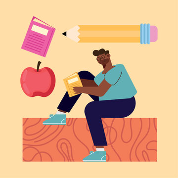 man reading and supplies